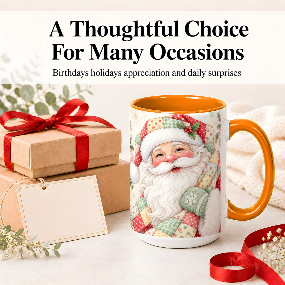 #pl[15oz|Orange] Pastel Patchwork Santa Christmas Mug, Ceramic Mug with Floral Art