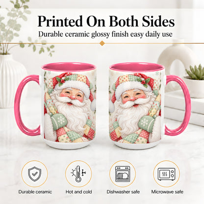 #pl[15oz|Pink] Pastel Patchwork Santa Christmas Mug, Ceramic Mug with Floral Art