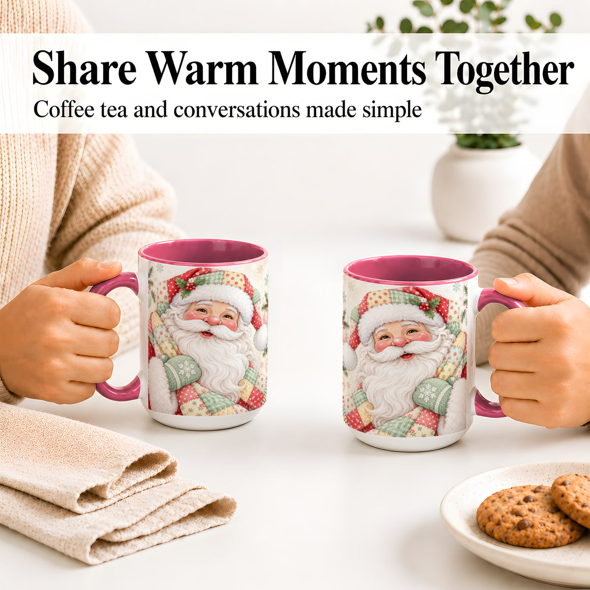 #pl[15oz|Pink] Pastel Patchwork Santa Christmas Mug, Ceramic Mug with Floral Art