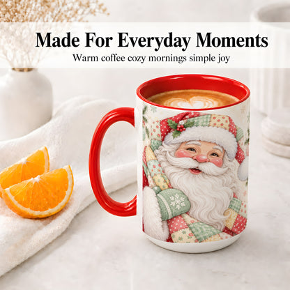 #pl[15oz|Red] Pastel Patchwork Santa Christmas Mug, Ceramic Mug with Floral Art