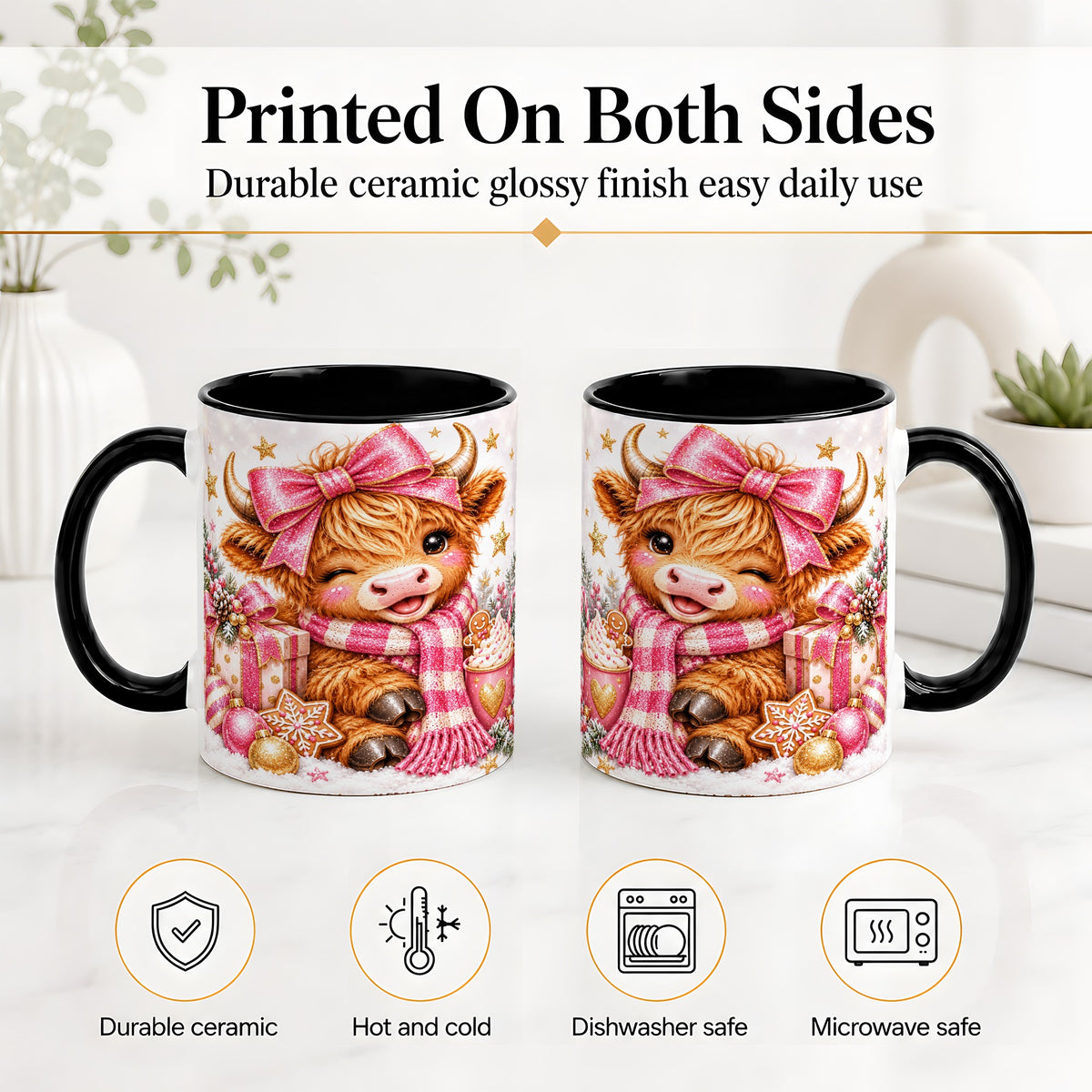 #pl[11oz|Black] Pink Highland Cow Christmas Mug, Ceramic Mug with Bow Artwork