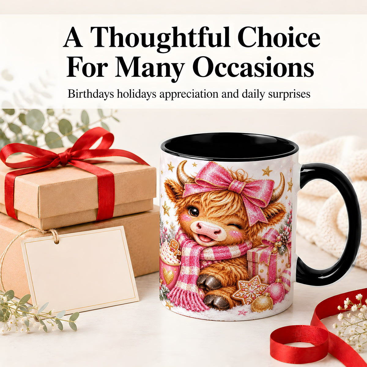 #pl[11oz|Black] Pink Highland Cow Christmas Mug, Ceramic Mug with Bow Artwork