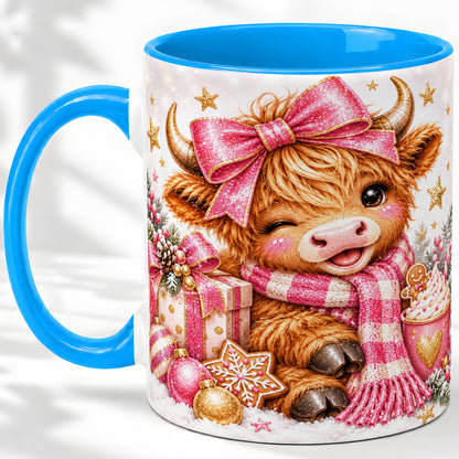 #pl[11oz|Blue] Pink Highland Cow Christmas Mug, Ceramic Mug with Bow Artwork