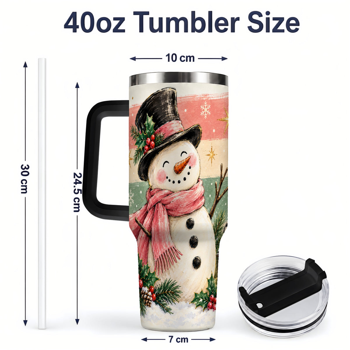 #pl[40oz|Black] Pink Scarf Snowman Tumbler, 40oz Tumbler for Water and Iced Drinks