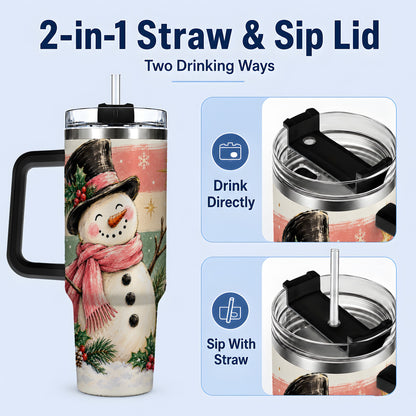 #pl[40oz|Black] Pink Scarf Snowman Tumbler, 40oz Tumbler for Water and Iced Drinks