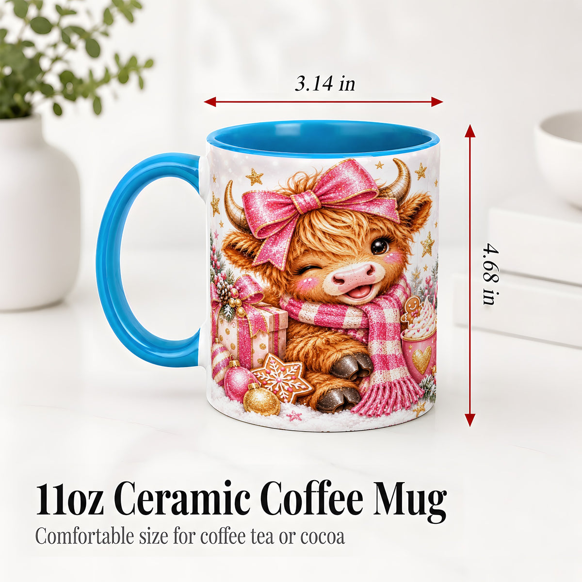 #pl[11oz|Blue] Pink Highland Cow Christmas Mug, Ceramic Mug with Bow Artwork