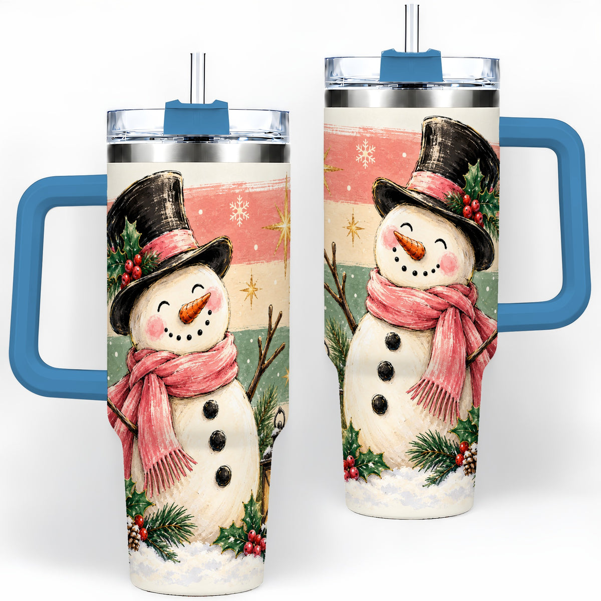 #pl[40oz|Blue] Pink Scarf Snowman Tumbler, 40oz Tumbler for Water and Iced Drinks