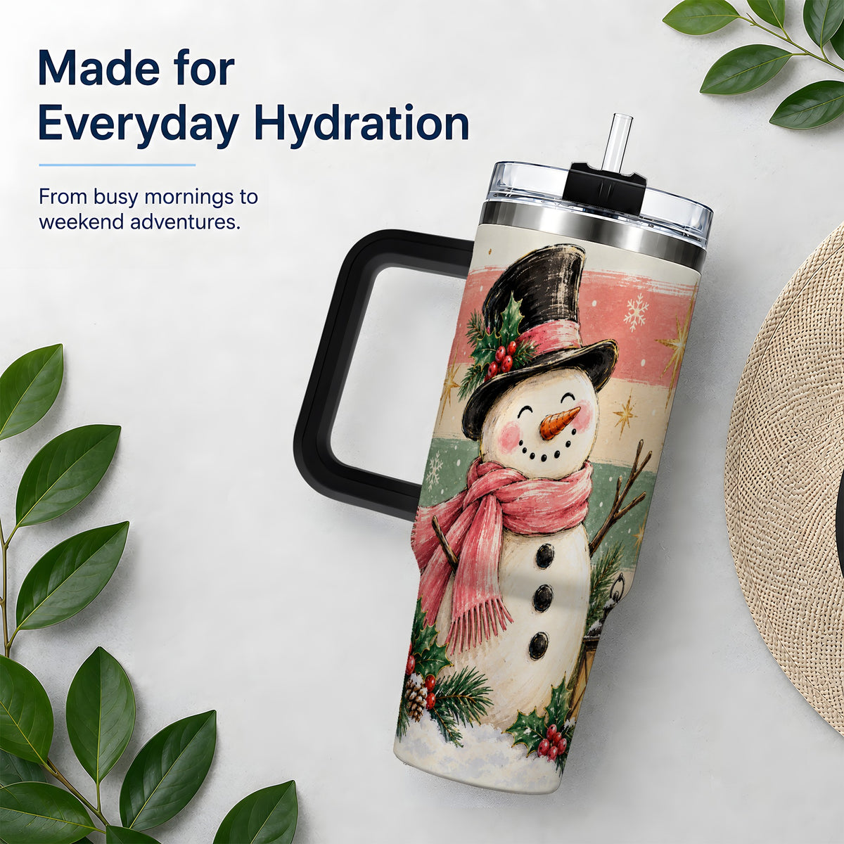 #pl[40oz|Black] Pink Scarf Snowman Tumbler, 40oz Tumbler for Water and Iced Drinks