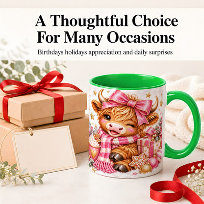 #pl[11oz|Green] Pink Highland Cow Christmas Mug, Ceramic Mug with Bow Artwork