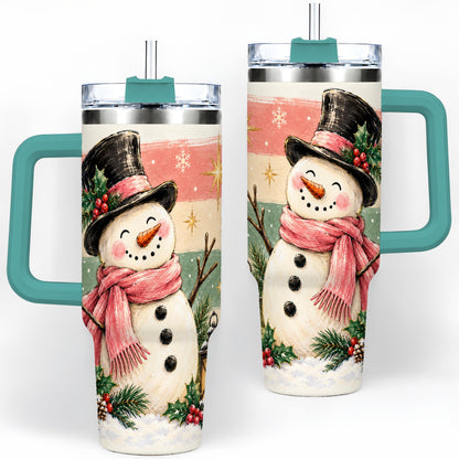 #pl[40oz|Green] Pink Scarf Snowman Tumbler, 40oz Tumbler for Water and Iced Drinks