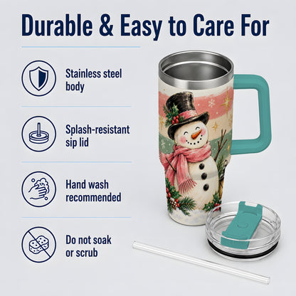 #pl[40oz|Green] Pink Scarf Snowman Tumbler, 40oz Tumbler for Water and Iced Drinks