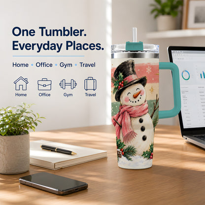 #pl[40oz|Green] Pink Scarf Snowman Tumbler, 40oz Tumbler for Water and Iced Drinks