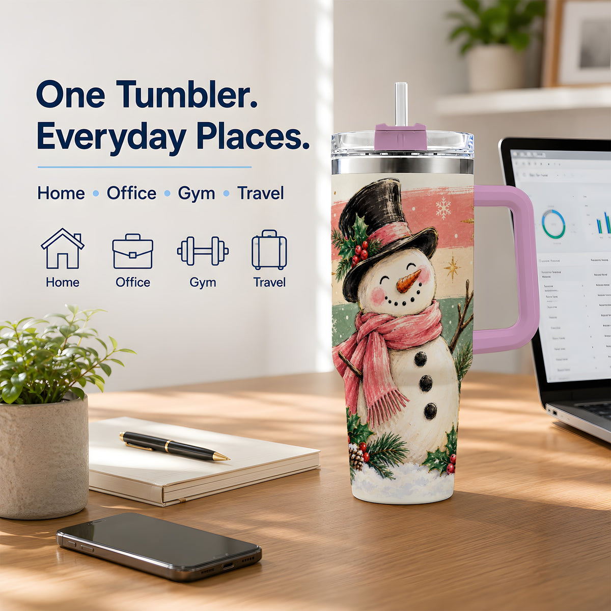 #pl[40oz|Pink] Pink Scarf Snowman Tumbler, 40oz Tumbler for Water and Iced Drinks