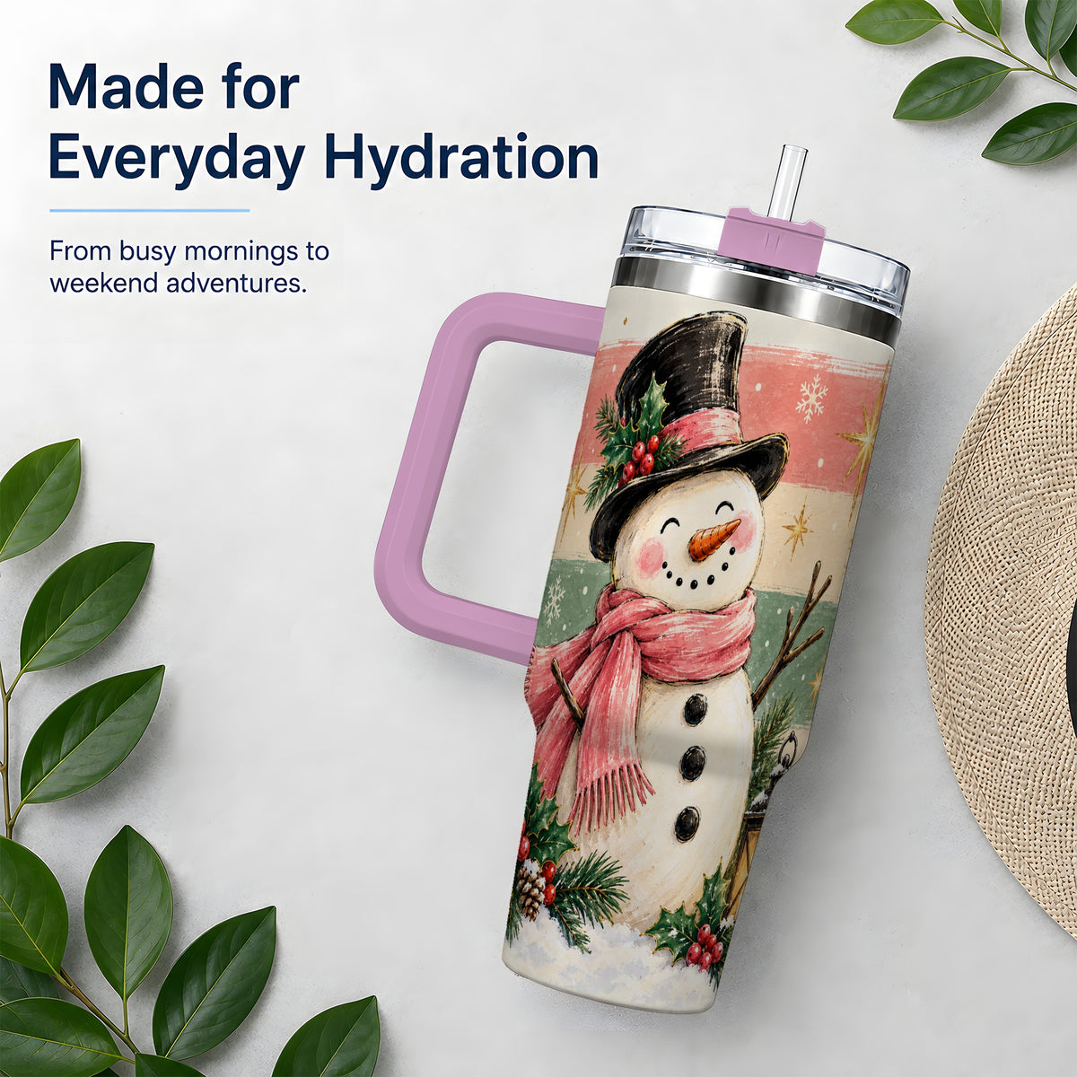 #pl[40oz|Pink] Pink Scarf Snowman Tumbler, 40oz Tumbler for Water and Iced Drinks