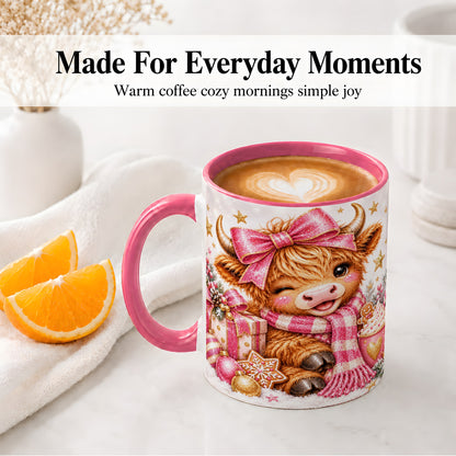 #pl[11oz|Pink] Pink Highland Cow Christmas Mug, Ceramic Mug with Bow Artwork