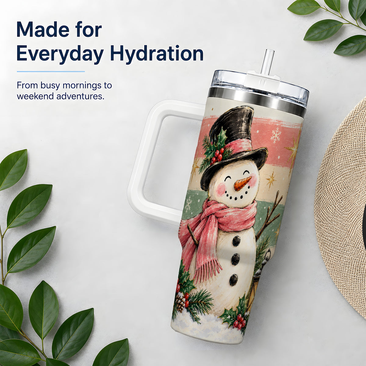 #pl[40oz|White] Pink Scarf Snowman Tumbler, 40oz Tumbler for Water and Iced Drinks