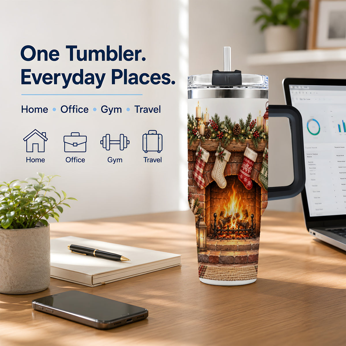 #pl[40oz|Black] Christmas Fireplace Tumbler, 40oz Tumbler for Daily Drinks