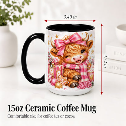 #pl[15oz|Black] Pink Highland Cow Christmas Mug, Ceramic Mug with Bow Artwork