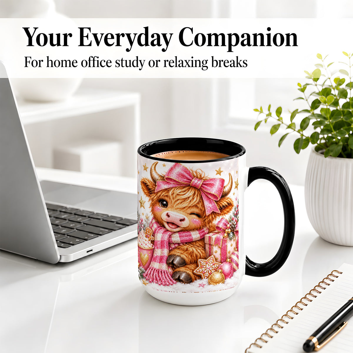#pl[15oz|Black] Pink Highland Cow Christmas Mug, Ceramic Mug with Bow Artwork