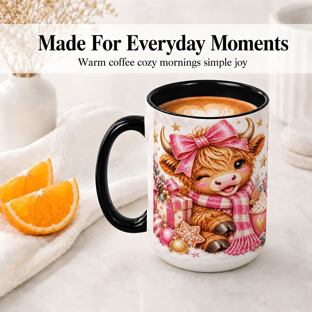 #pl[15oz|Black] Pink Highland Cow Christmas Mug, Ceramic Mug with Bow Artwork