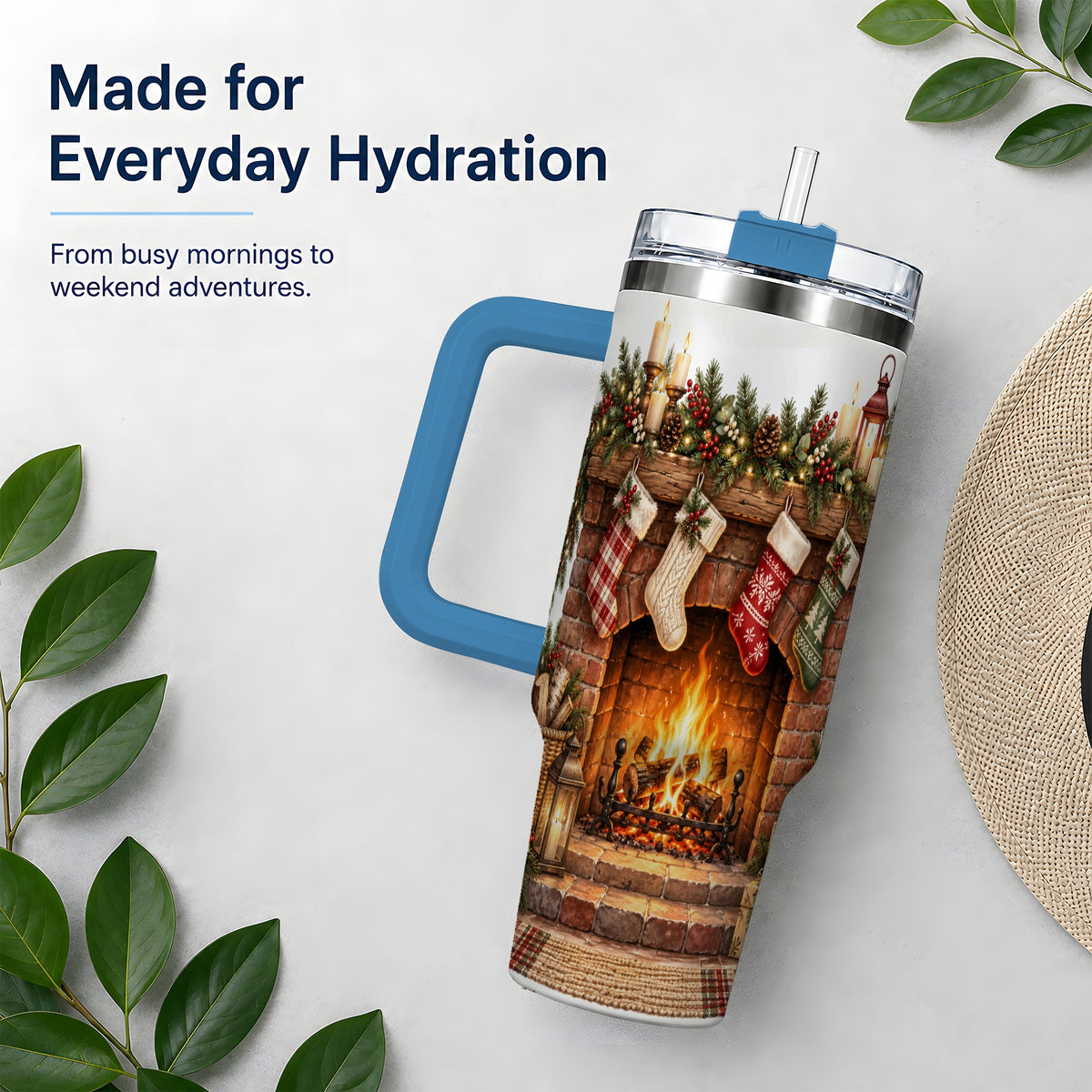 #pl[40oz|Blue] Christmas Fireplace Tumbler, 40oz Tumbler for Daily Drinks
