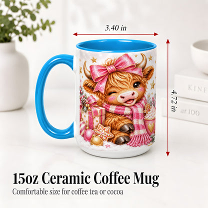 #pl[15oz|Blue] Pink Highland Cow Christmas Mug, Ceramic Mug with Bow Artwork