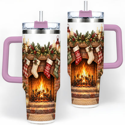 #pl[40oz|Pink] Christmas Fireplace Tumbler, 40oz Tumbler for Daily Drinks