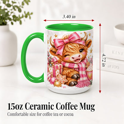 #pl[15oz|Green] Pink Highland Cow Christmas Mug, Ceramic Mug with Bow Artwork