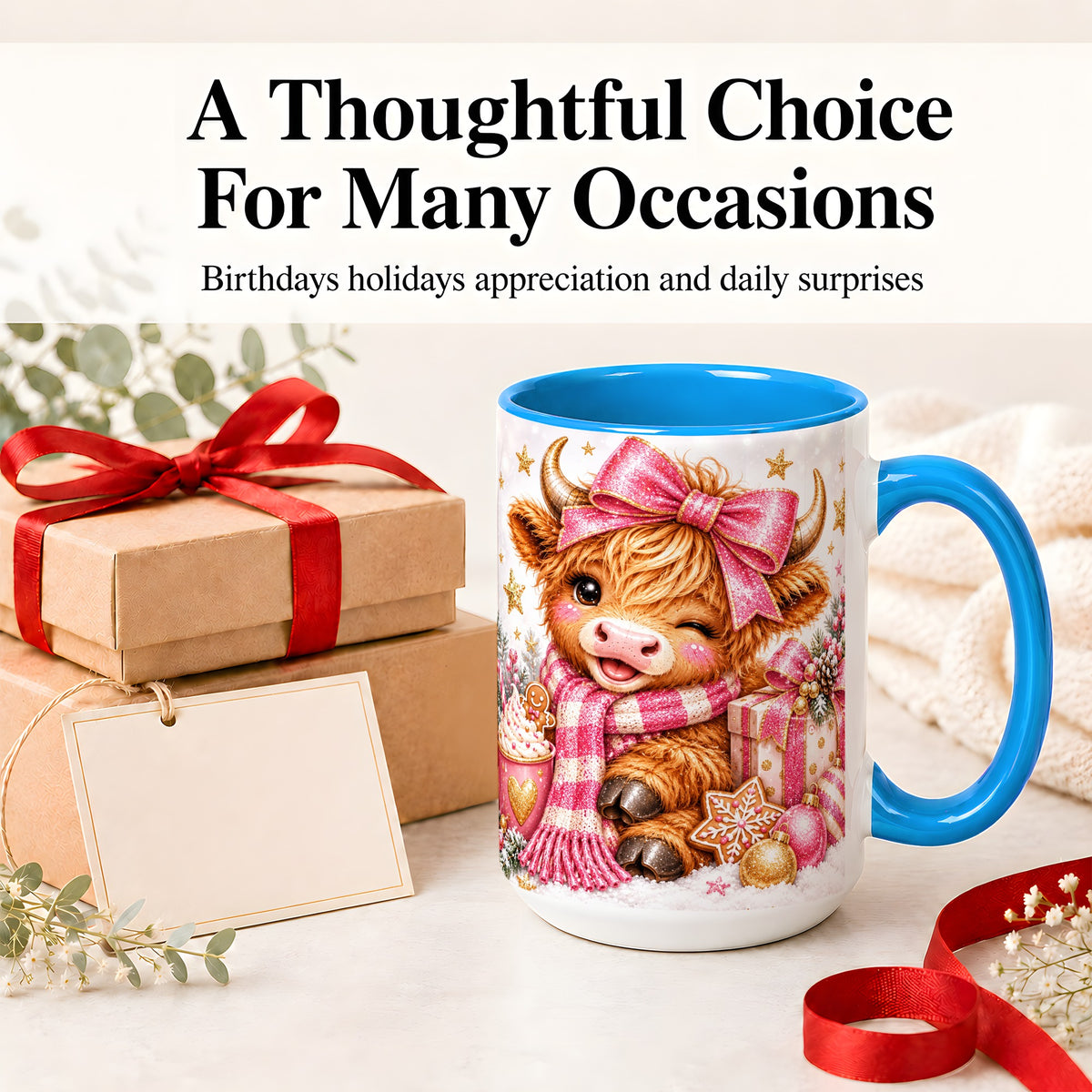 #pl[15oz|Blue] Pink Highland Cow Christmas Mug, Ceramic Mug with Bow Artwork