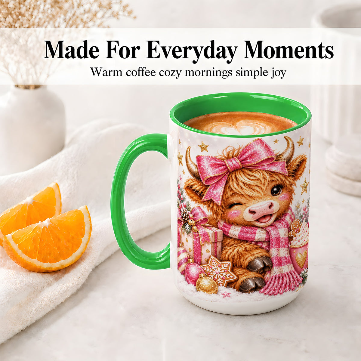#pl[15oz|Green] Pink Highland Cow Christmas Mug, Ceramic Mug with Bow Artwork
