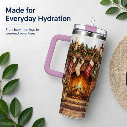 #pl[40oz|Pink] Christmas Fireplace Tumbler, 40oz Tumbler for Daily Drinks
