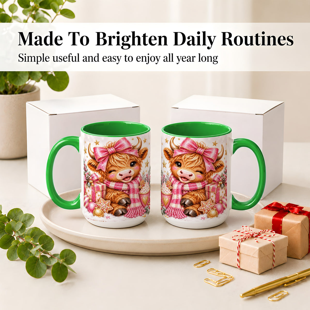 #pl[15oz|Green] Pink Highland Cow Christmas Mug, Ceramic Mug with Bow Artwork