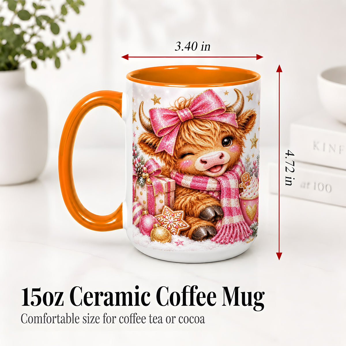 #pl[15oz|Orange] Pink Highland Cow Christmas Mug, Ceramic Mug with Bow Artwork