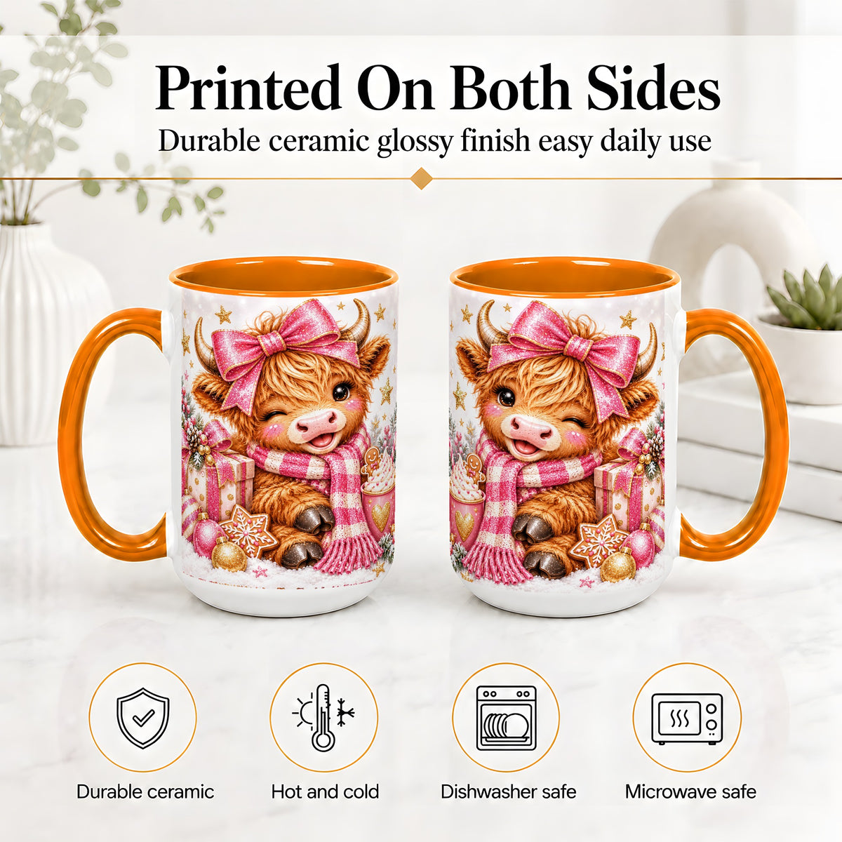#pl[15oz|Orange] Pink Highland Cow Christmas Mug, Ceramic Mug with Bow Artwork