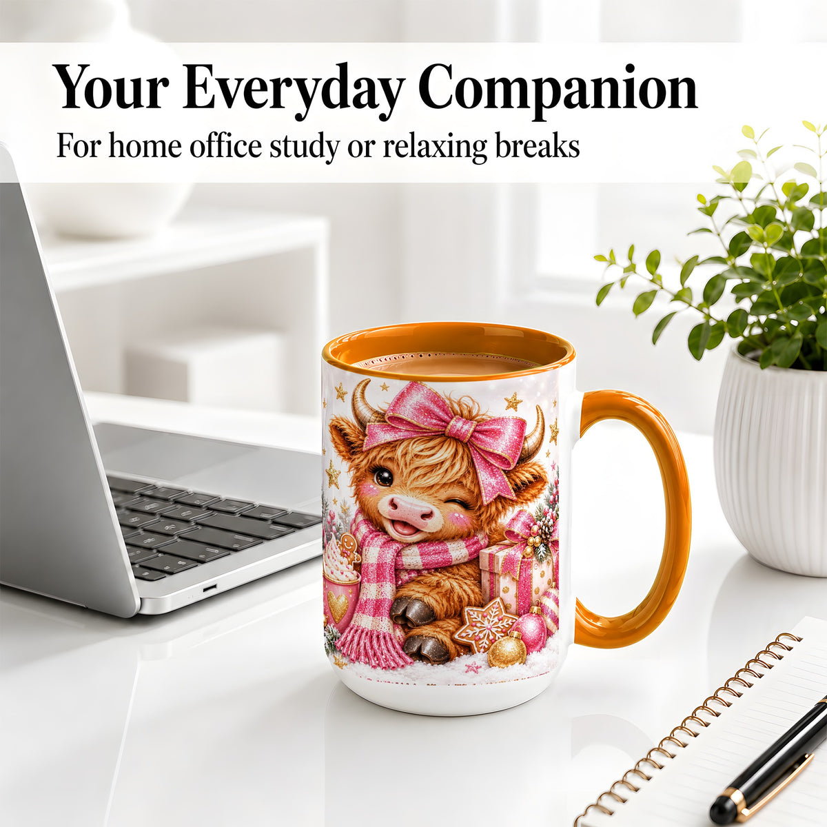 #pl[15oz|Orange] Pink Highland Cow Christmas Mug, Ceramic Mug with Bow Artwork