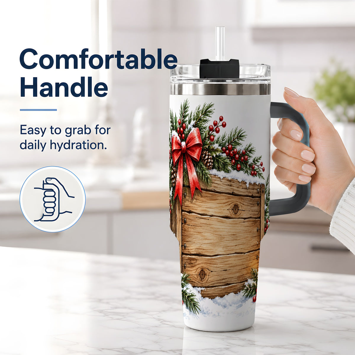 #pl[40oz|Black] Rustic Christmas 40oz Stainless Steel Tumbler, Winter Lantern Design