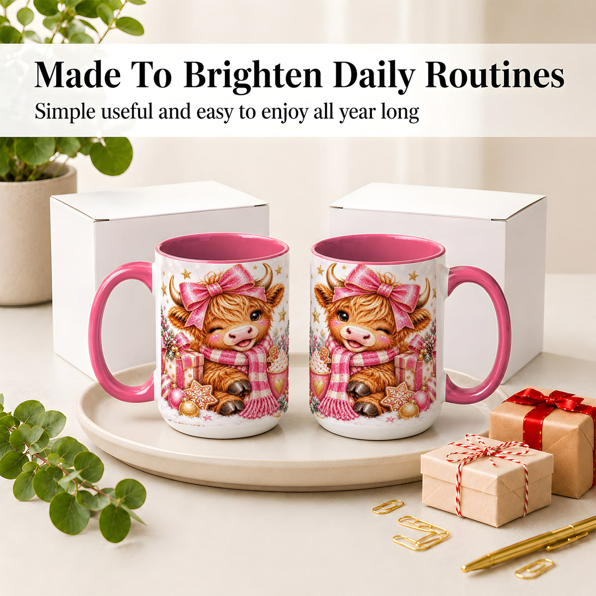 #pl[15oz|Pink] Pink Highland Cow Christmas Mug, Ceramic Mug with Bow Artwork