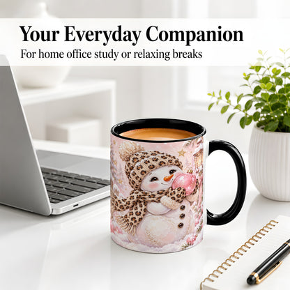 #pl[11oz|Black] Leopard Snowman Christmas Mug, Ceramic Mug with Pink Ornament Art