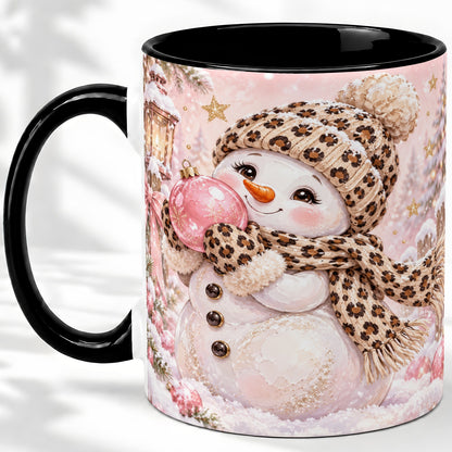 #pl[11oz|Black] Leopard Snowman Christmas Mug, Ceramic Mug with Pink Ornament Art