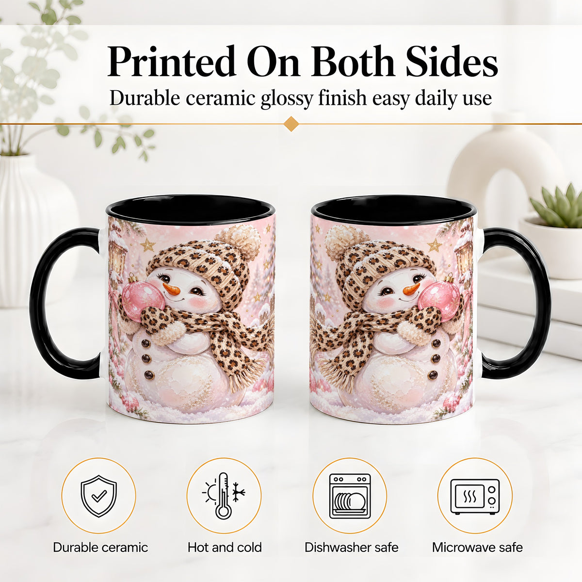 #pl[11oz|Black] Leopard Snowman Christmas Mug, Ceramic Mug with Pink Ornament Art