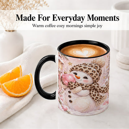 #pl[11oz|Black] Leopard Snowman Christmas Mug, Ceramic Mug with Pink Ornament Art
