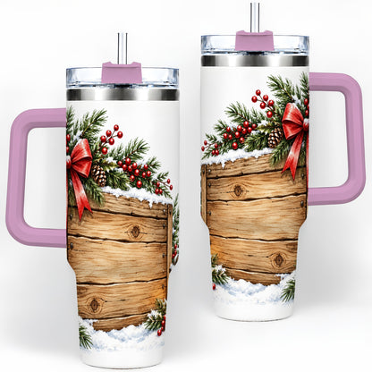 #pl[40oz|Pink] Rustic Christmas 40oz Stainless Steel Tumbler, Winter Lantern Design