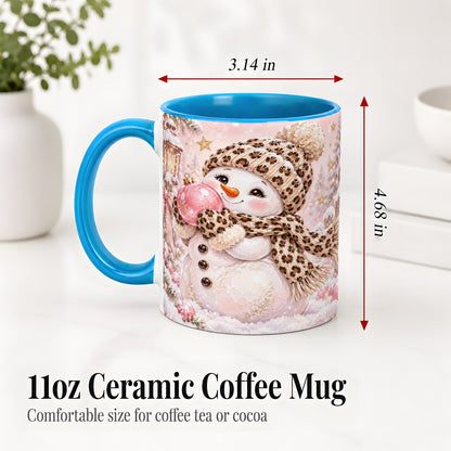 #pl[11oz|Blue] Leopard Snowman Christmas Mug, Ceramic Mug with Pink Ornament Art