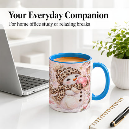 #pl[11oz|Blue] Leopard Snowman Christmas Mug, Ceramic Mug with Pink Ornament Art