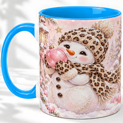 #pl[11oz|Blue] Leopard Snowman Christmas Mug, Ceramic Mug with Pink Ornament Art