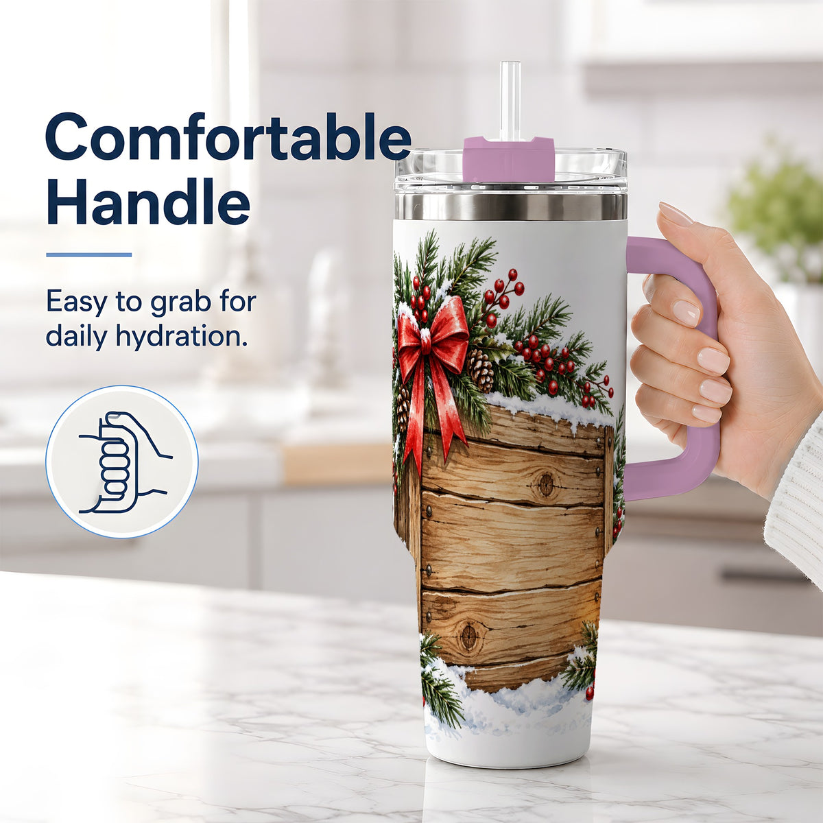 #pl[40oz|Pink] Rustic Christmas 40oz Stainless Steel Tumbler, Winter Lantern Design