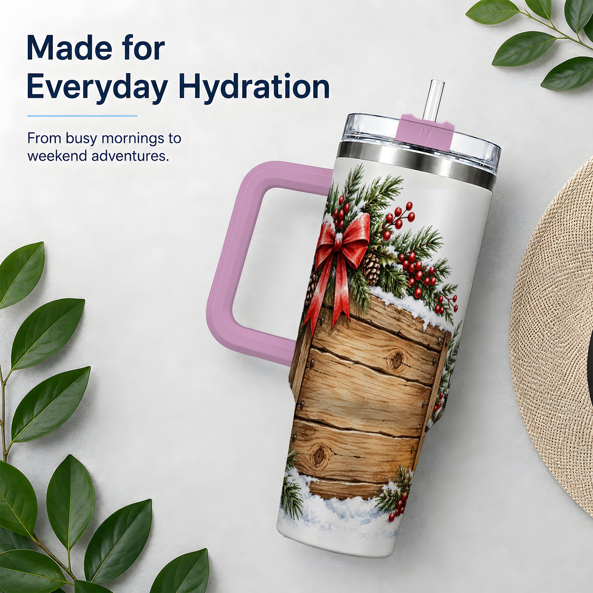 #pl[40oz|Pink] Rustic Christmas 40oz Stainless Steel Tumbler, Winter Lantern Design