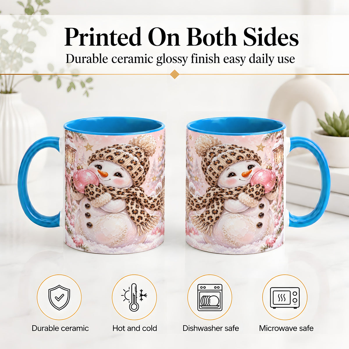#pl[11oz|Blue] Leopard Snowman Christmas Mug, Ceramic Mug with Pink Ornament Art