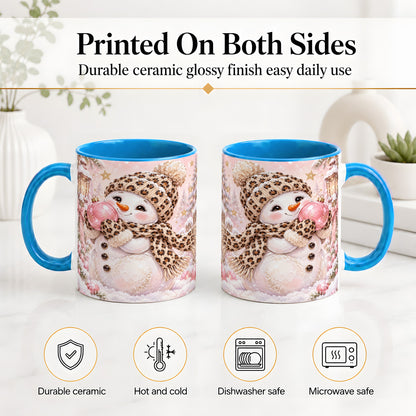 #pl[11oz|Blue] Leopard Snowman Christmas Mug, Ceramic Mug with Pink Ornament Art
