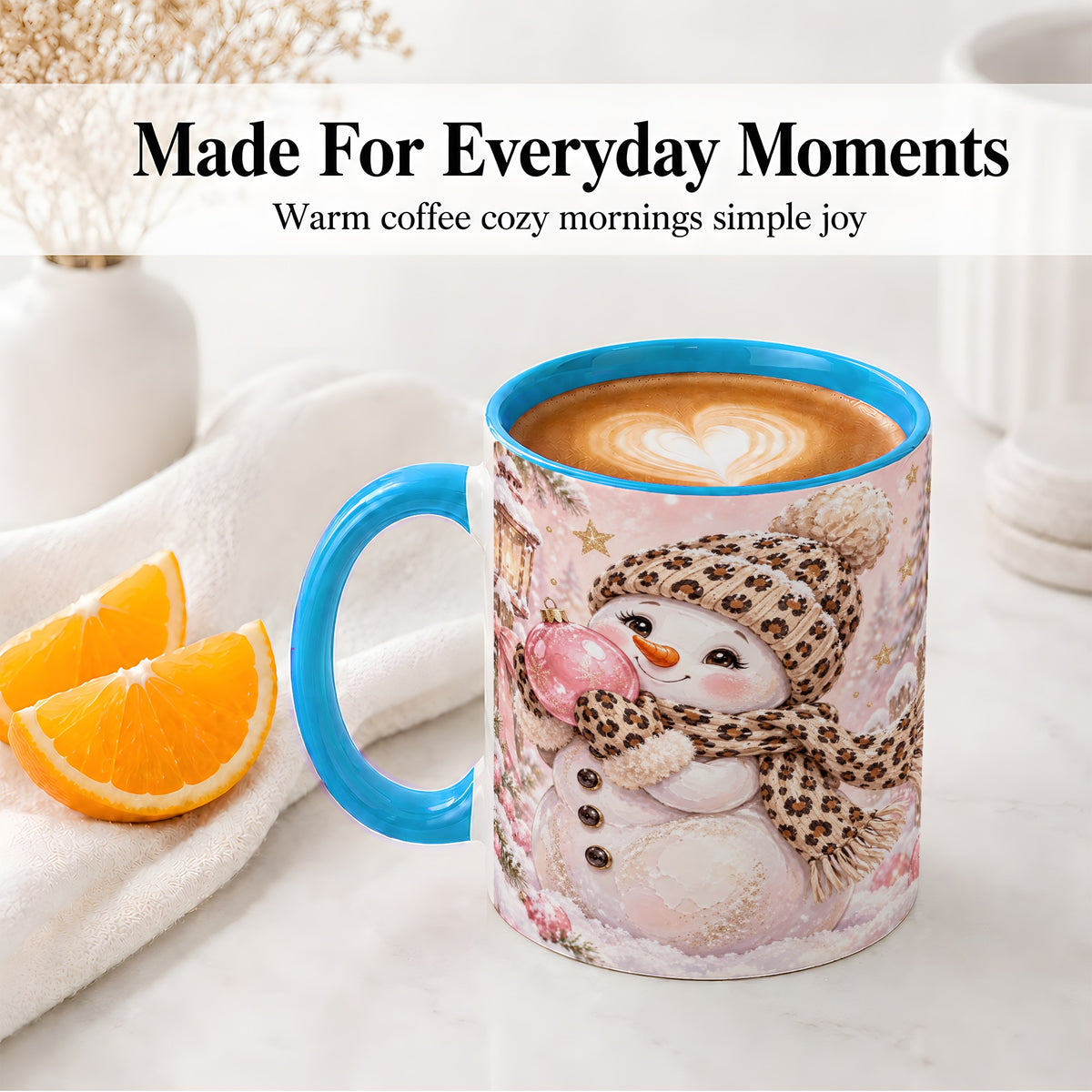 #pl[11oz|Blue] Leopard Snowman Christmas Mug, Ceramic Mug with Pink Ornament Art